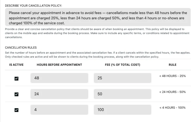 Frais d'absence et d'annulation tardive