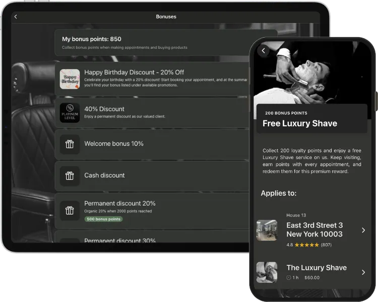 Barbershop loyalty bonuses in mobile app